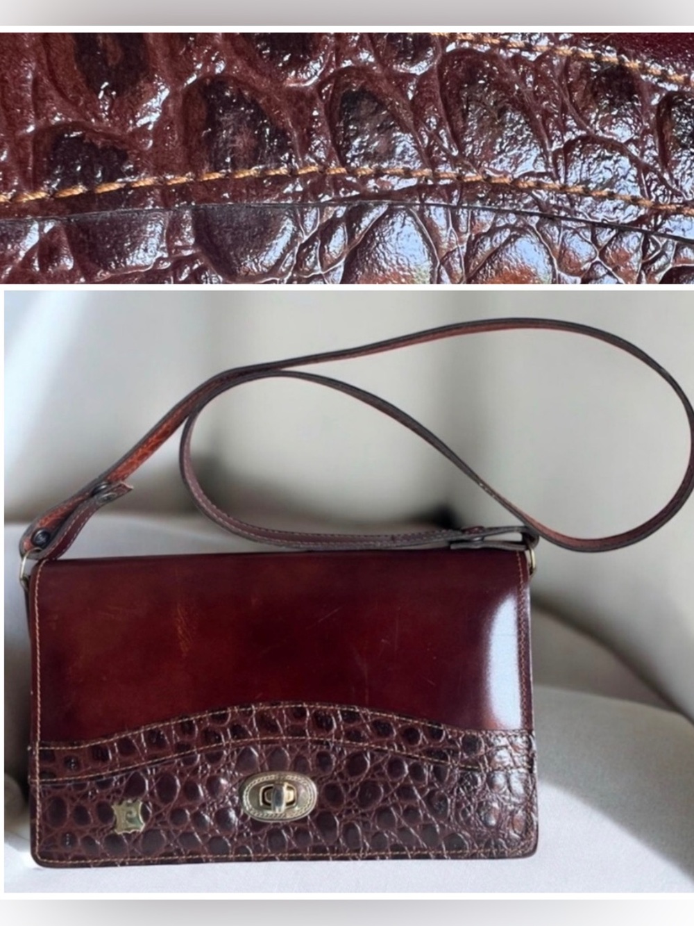 VTG Pierre Cardin 80s Designer Leather Shoulder Bag Moc Croc Cross Body Brown